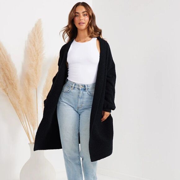 Twosisters The Label Apollo Open Front Long Cardigan Sherpa Teddy Knit Black S/M - Picture 1 of 10